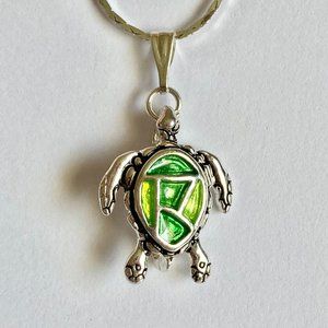 Silver Sea Life Turtle Necklace 18" Green Enamel Nautical Island USA
